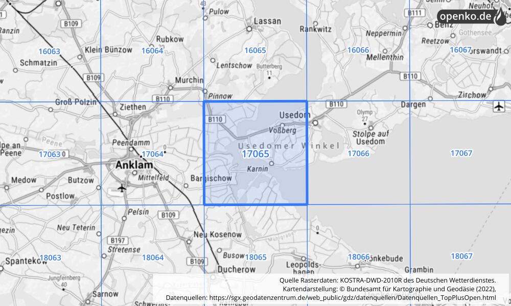Übersichtskarte KOSTRA-DWD-2010R Rasterfeld Nr. 17065 mit angrenzenden Feldern