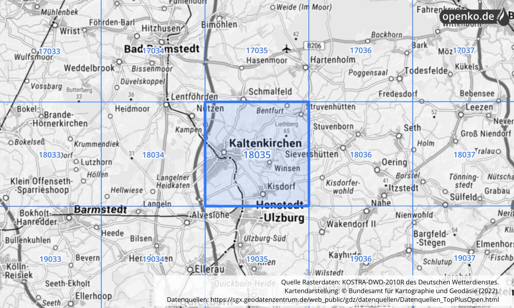 Übersichtskarte KOSTRA-DWD-2010R Rasterfeld Nr. 18035 mit angrenzenden Feldern