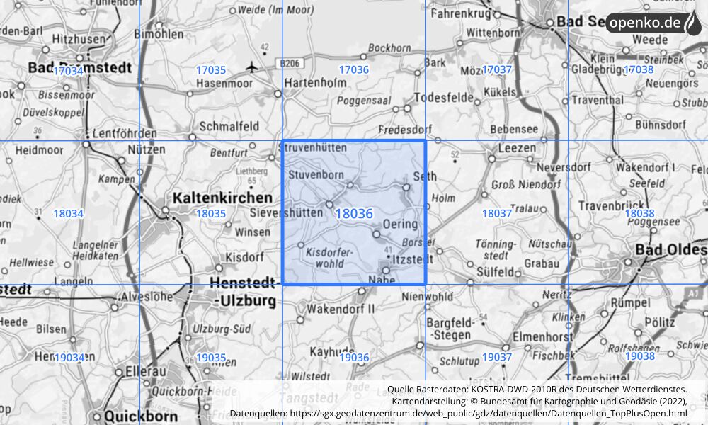 Übersichtskarte KOSTRA-DWD-2010R Rasterfeld Nr. 18036 mit angrenzenden Feldern