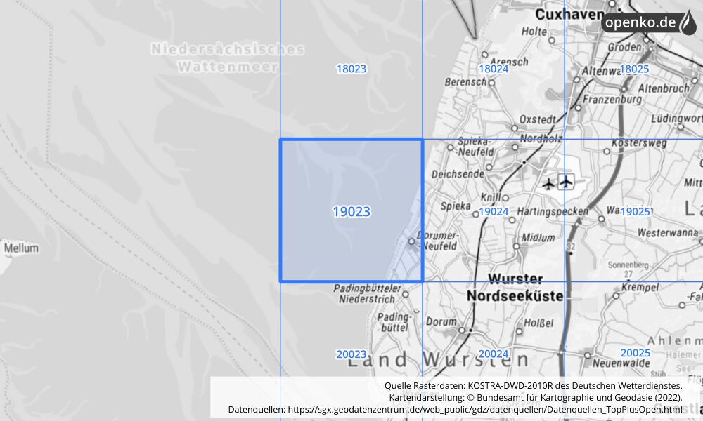 Übersichtskarte KOSTRA-DWD-2010R Rasterfeld Nr. 19023 mit angrenzenden Feldern
