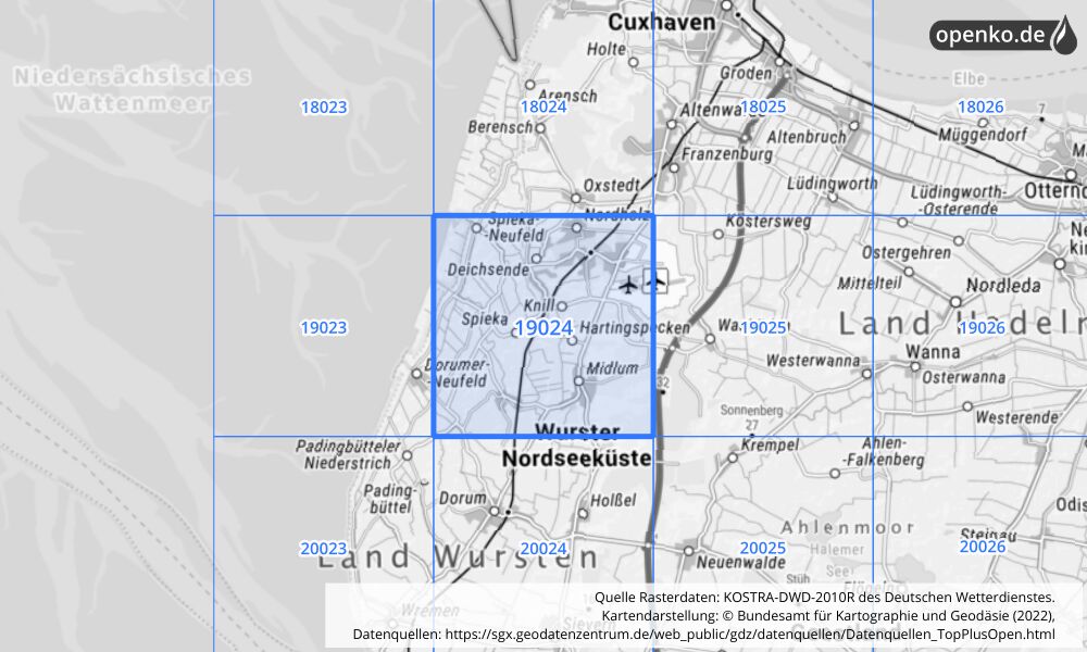 Übersichtskarte KOSTRA-DWD-2010R Rasterfeld Nr. 19024 mit angrenzenden Feldern