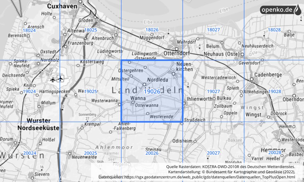 Übersichtskarte KOSTRA-DWD-2010R Rasterfeld Nr. 19026 mit angrenzenden Feldern