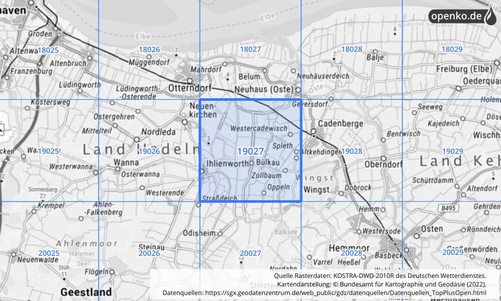 Übersichtskarte KOSTRA-DWD-2010R Rasterfeld Nr. 19027 mit angrenzenden Feldern