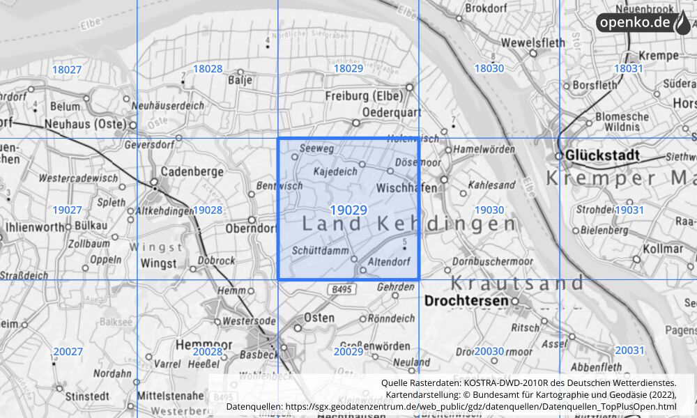 Übersichtskarte KOSTRA-DWD-2010R Rasterfeld Nr. 19029 mit angrenzenden Feldern