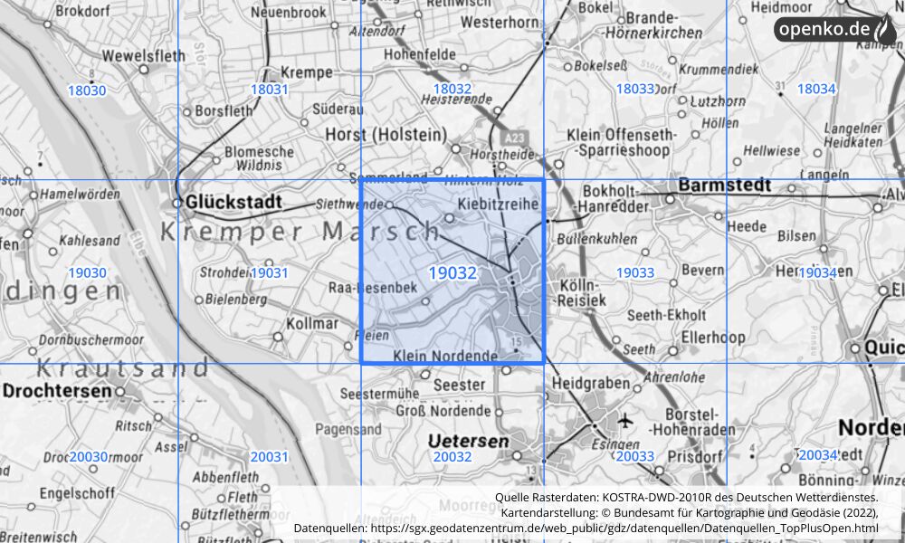 Übersichtskarte KOSTRA-DWD-2010R Rasterfeld Nr. 19032 mit angrenzenden Feldern