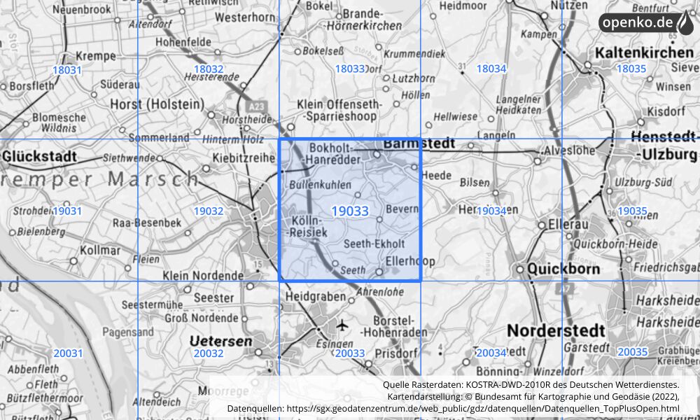 Übersichtskarte KOSTRA-DWD-2010R Rasterfeld Nr. 19033 mit angrenzenden Feldern