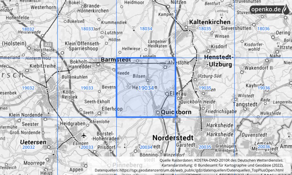 Übersichtskarte KOSTRA-DWD-2010R Rasterfeld Nr. 19034 mit angrenzenden Feldern