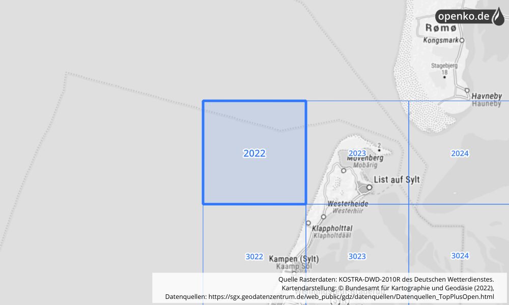 Übersichtskarte KOSTRA-DWD-2010R Rasterfeld Nr. 2022 mit angrenzenden Feldern