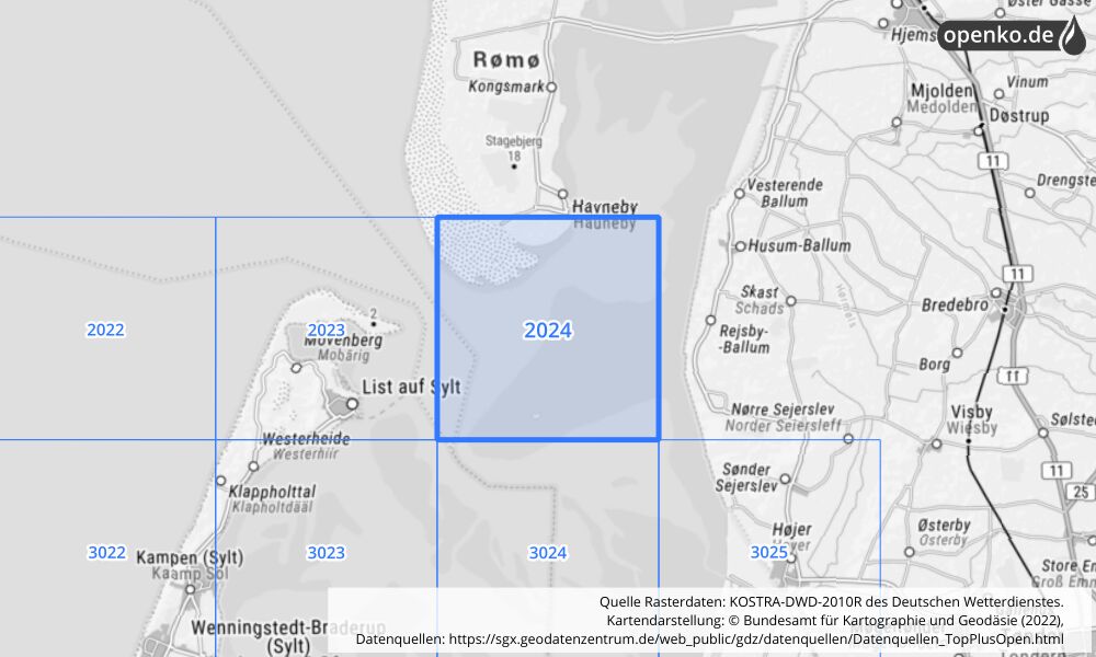 Übersichtskarte KOSTRA-DWD-2010R Rasterfeld Nr. 2024 mit angrenzenden Feldern