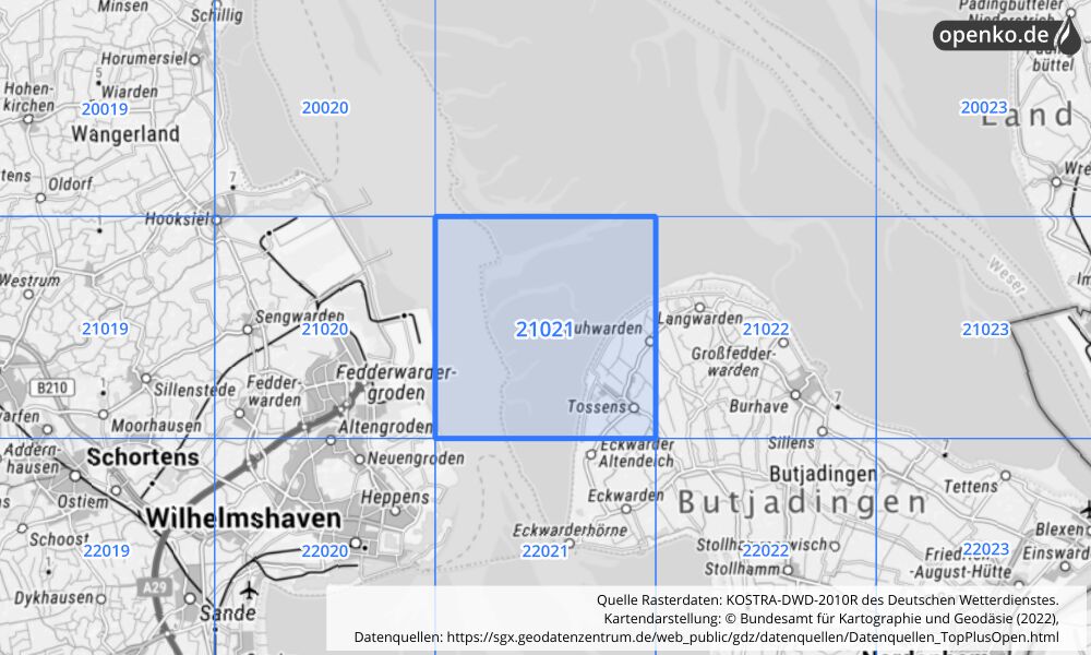 Übersichtskarte KOSTRA-DWD-2010R Rasterfeld Nr. 21021 mit angrenzenden Feldern