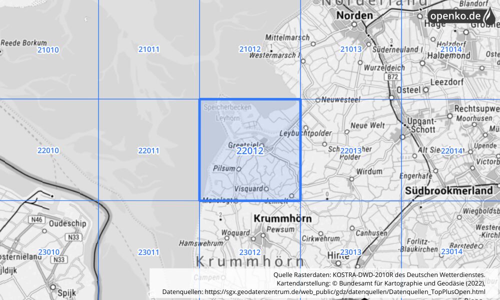 Übersichtskarte KOSTRA-DWD-2010R Rasterfeld Nr. 22012 mit angrenzenden Feldern