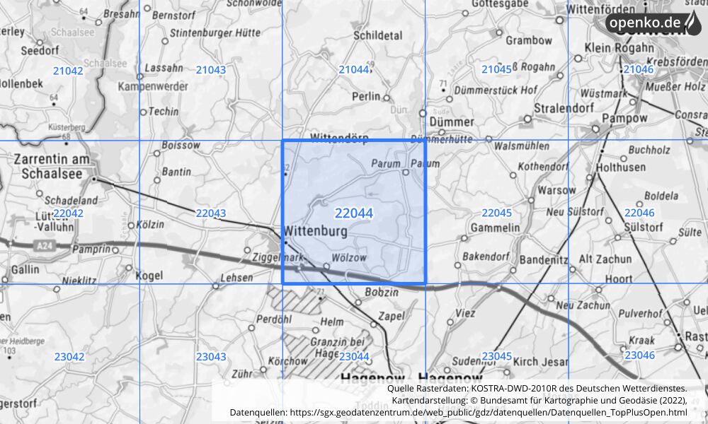 Übersichtskarte KOSTRA-DWD-2010R Rasterfeld Nr. 22044 mit angrenzenden Feldern