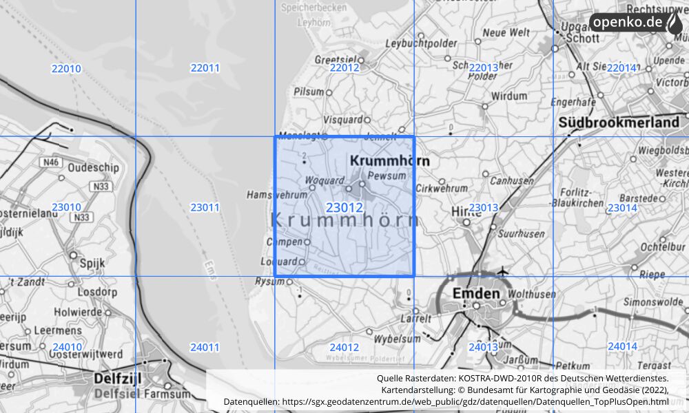 Übersichtskarte KOSTRA-DWD-2010R Rasterfeld Nr. 23012 mit angrenzenden Feldern