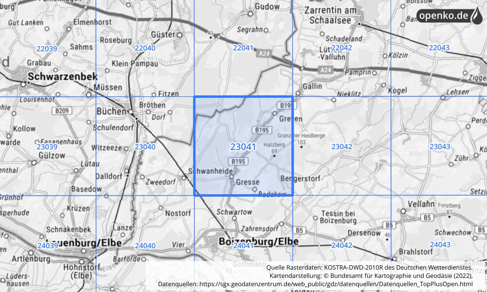 Übersichtskarte KOSTRA-DWD-2010R Rasterfeld Nr. 23041 mit angrenzenden Feldern