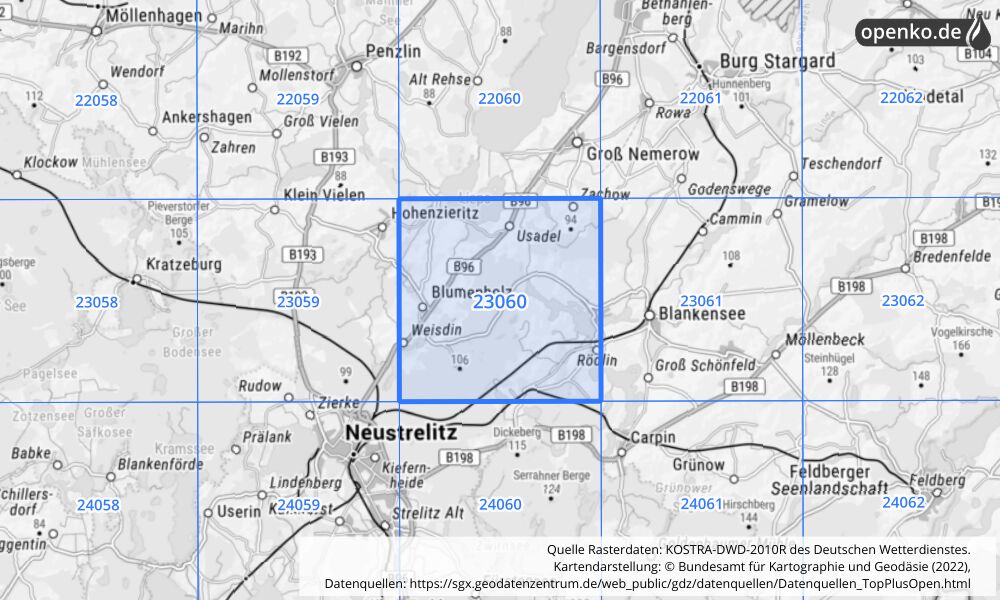 Übersichtskarte KOSTRA-DWD-2010R Rasterfeld Nr. 23060 mit angrenzenden Feldern