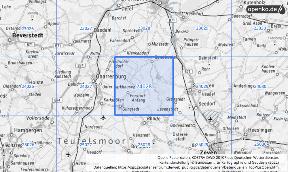 Übersichtskarte KOSTRA-DWD-2010R Rasterfeld Nr. 24028 mit angrenzenden Feldern