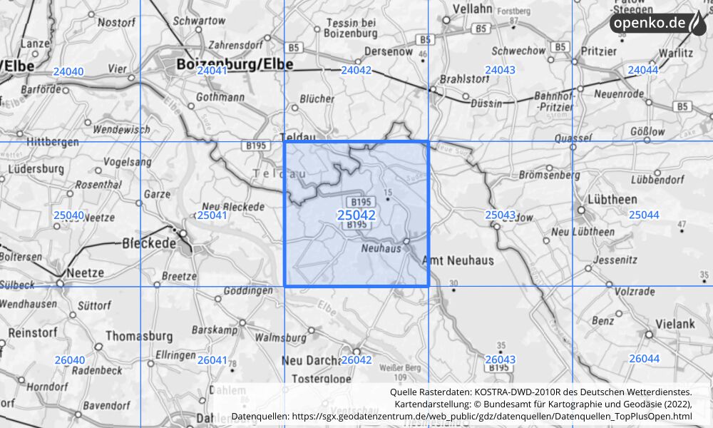 Übersichtskarte KOSTRA-DWD-2010R Rasterfeld Nr. 25042 mit angrenzenden Feldern