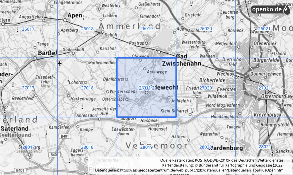 Übersichtskarte KOSTRA-DWD-2010R Rasterfeld Nr. 27019 mit angrenzenden Feldern