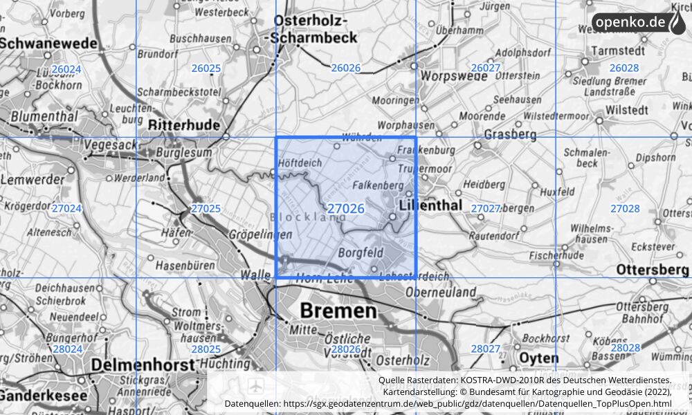 Übersichtskarte KOSTRA-DWD-2010R Rasterfeld Nr. 27026 mit angrenzenden Feldern