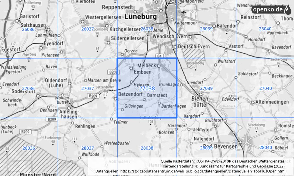 Übersichtskarte KOSTRA-DWD-2010R Rasterfeld Nr. 27038 mit angrenzenden Feldern