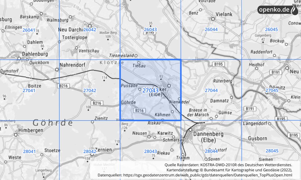 Übersichtskarte KOSTRA-DWD-2010R Rasterfeld Nr. 27043 mit angrenzenden Feldern