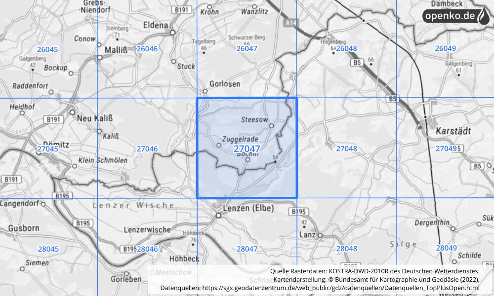Übersichtskarte KOSTRA-DWD-2010R Rasterfeld Nr. 27047 mit angrenzenden Feldern