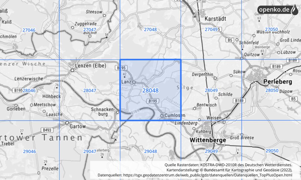 Übersichtskarte KOSTRA-DWD-2010R Rasterfeld Nr. 28048 mit angrenzenden Feldern