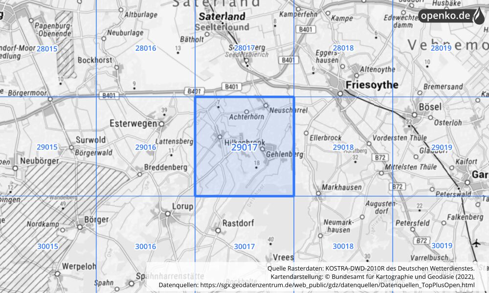 Übersichtskarte KOSTRA-DWD-2010R Rasterfeld Nr. 29017 mit angrenzenden Feldern