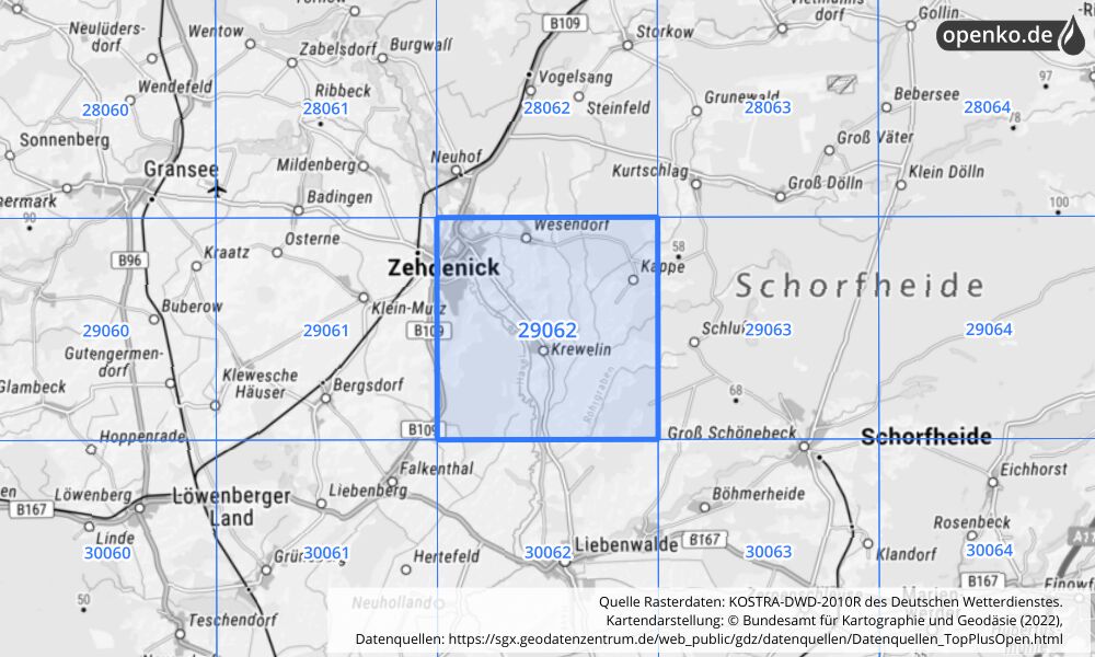 Übersichtskarte KOSTRA-DWD-2010R Rasterfeld Nr. 29062 mit angrenzenden Feldern