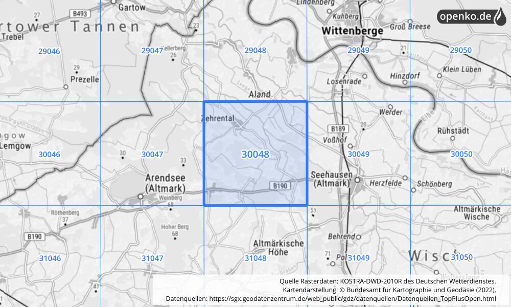 Übersichtskarte KOSTRA-DWD-2010R Rasterfeld Nr. 30048 mit angrenzenden Feldern