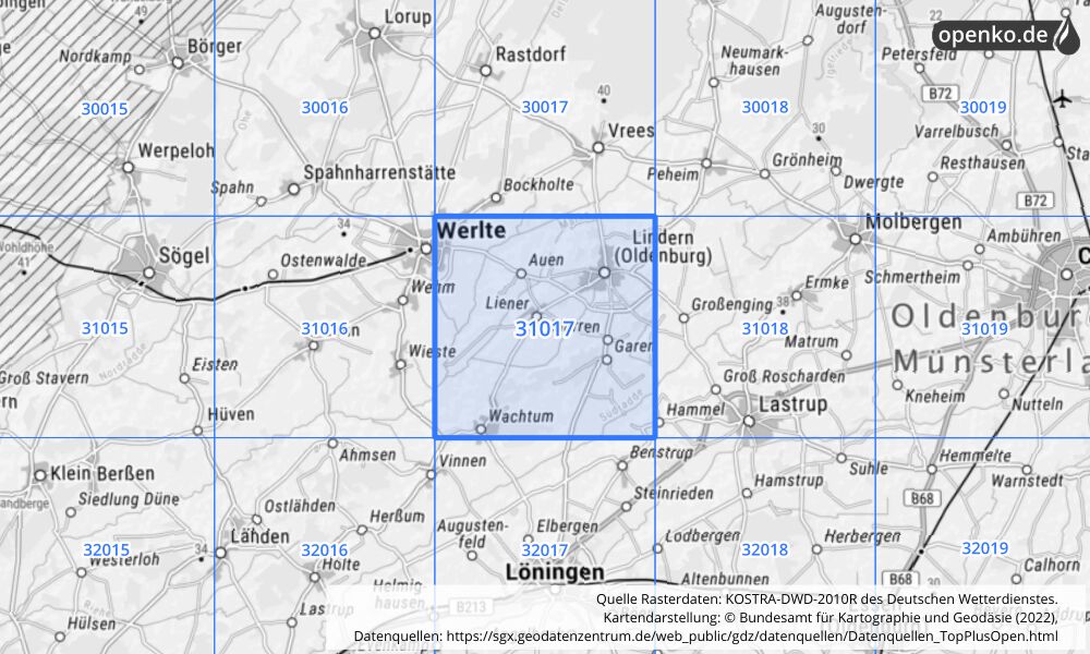Übersichtskarte KOSTRA-DWD-2010R Rasterfeld Nr. 31017 mit angrenzenden Feldern