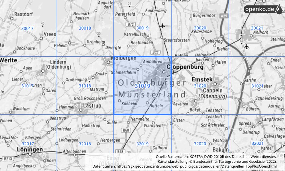 Übersichtskarte KOSTRA-DWD-2010R Rasterfeld Nr. 31019 mit angrenzenden Feldern