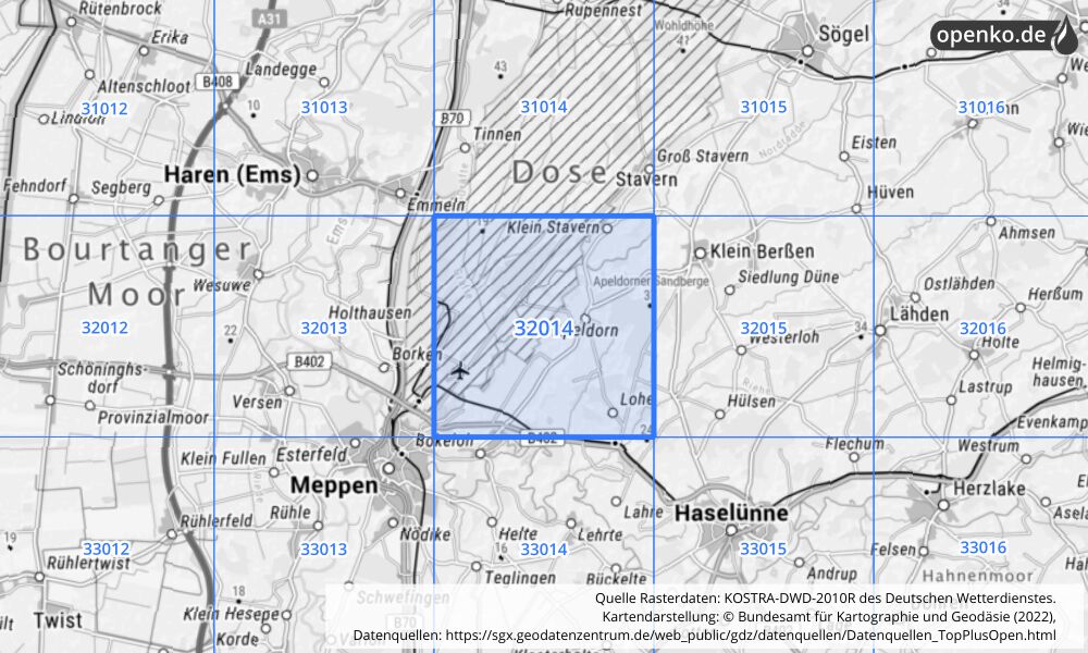 Übersichtskarte KOSTRA-DWD-2010R Rasterfeld Nr. 32014 mit angrenzenden Feldern