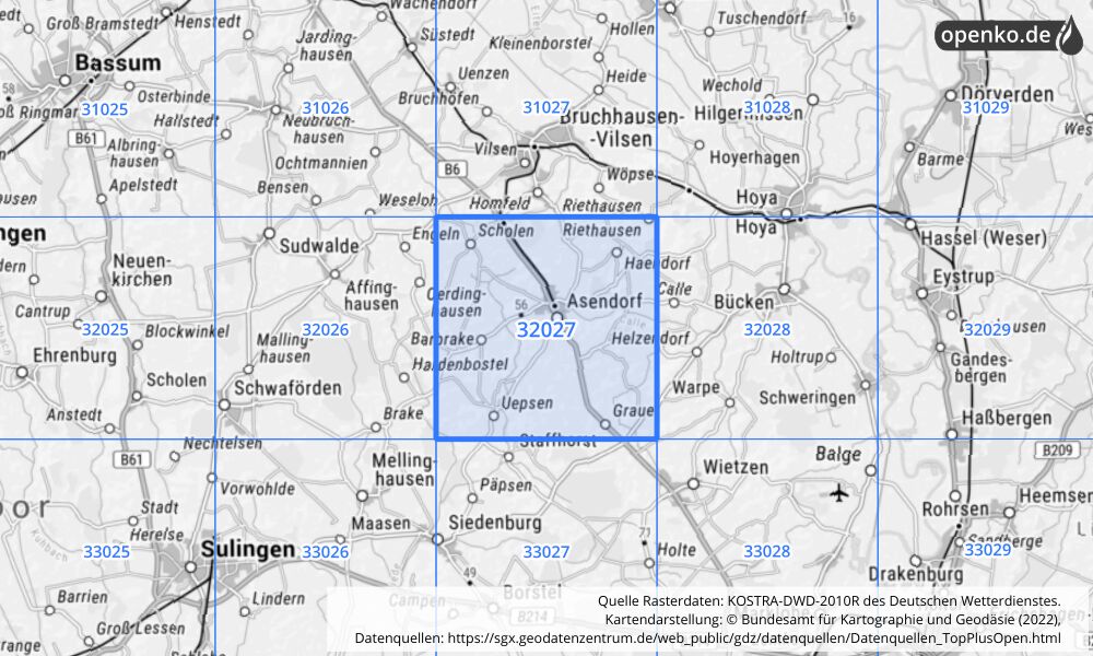 Übersichtskarte KOSTRA-DWD-2010R Rasterfeld Nr. 32027 mit angrenzenden Feldern