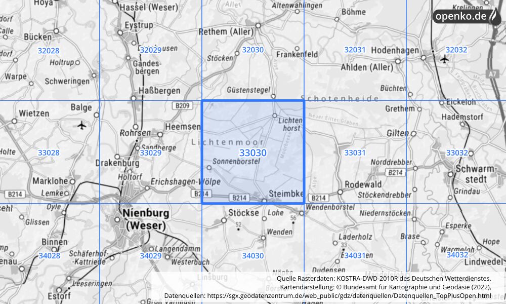Übersichtskarte KOSTRA-DWD-2010R Rasterfeld Nr. 33030 mit angrenzenden Feldern