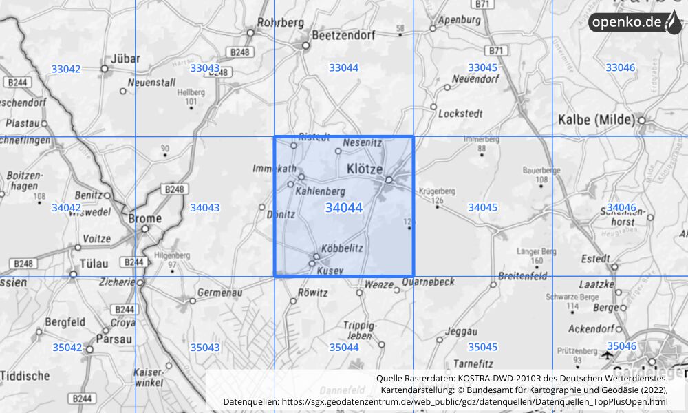 Übersichtskarte KOSTRA-DWD-2010R Rasterfeld Nr. 34044 mit angrenzenden Feldern