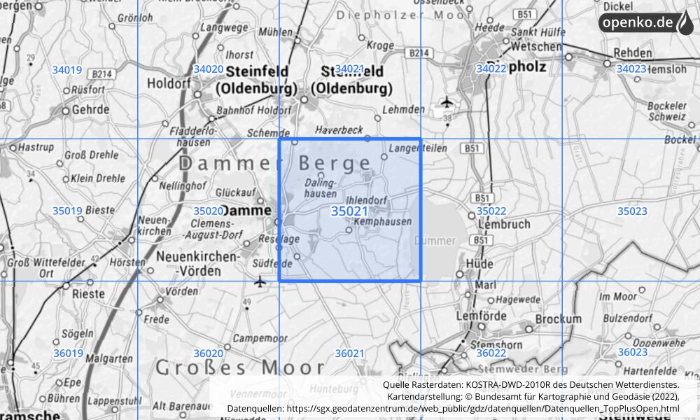 Übersichtskarte KOSTRA-DWD-2010R Rasterfeld Nr. 35021 mit angrenzenden Feldern