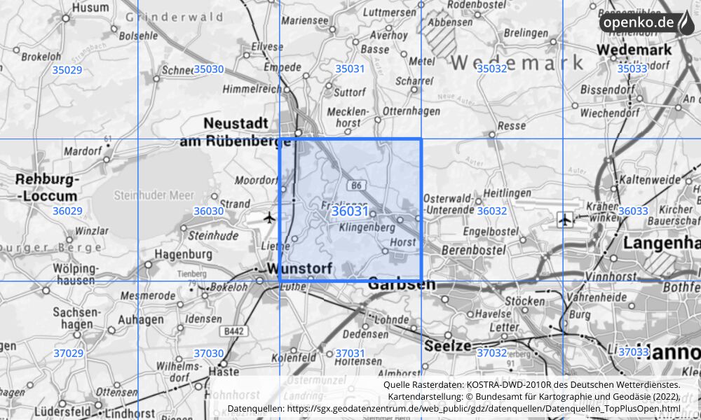 Übersichtskarte KOSTRA-DWD-2010R Rasterfeld Nr. 36031 mit angrenzenden Feldern