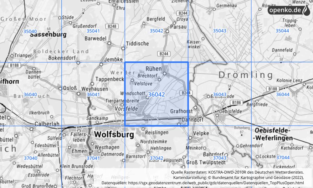 Übersichtskarte KOSTRA-DWD-2010R Rasterfeld Nr. 36042 mit angrenzenden Feldern