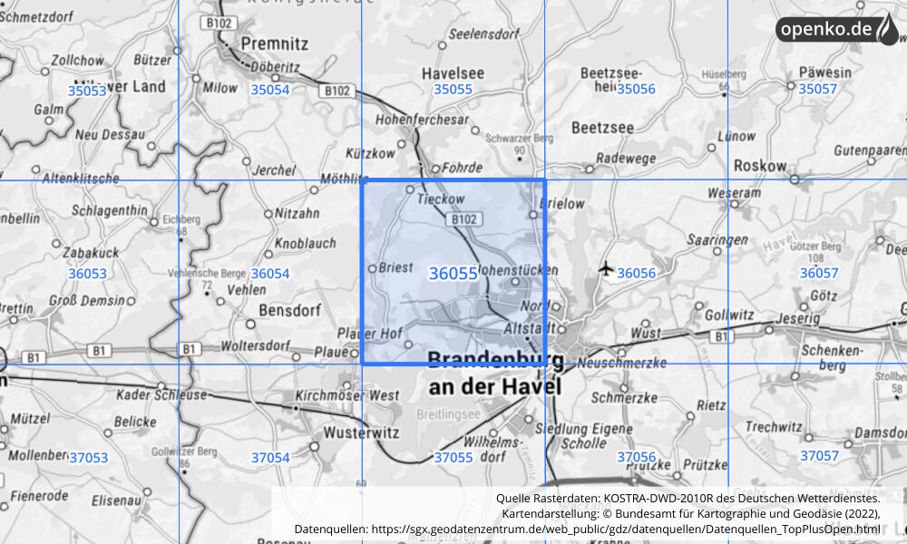 Übersichtskarte KOSTRA-DWD-2010R Rasterfeld Nr. 36055 mit angrenzenden Feldern