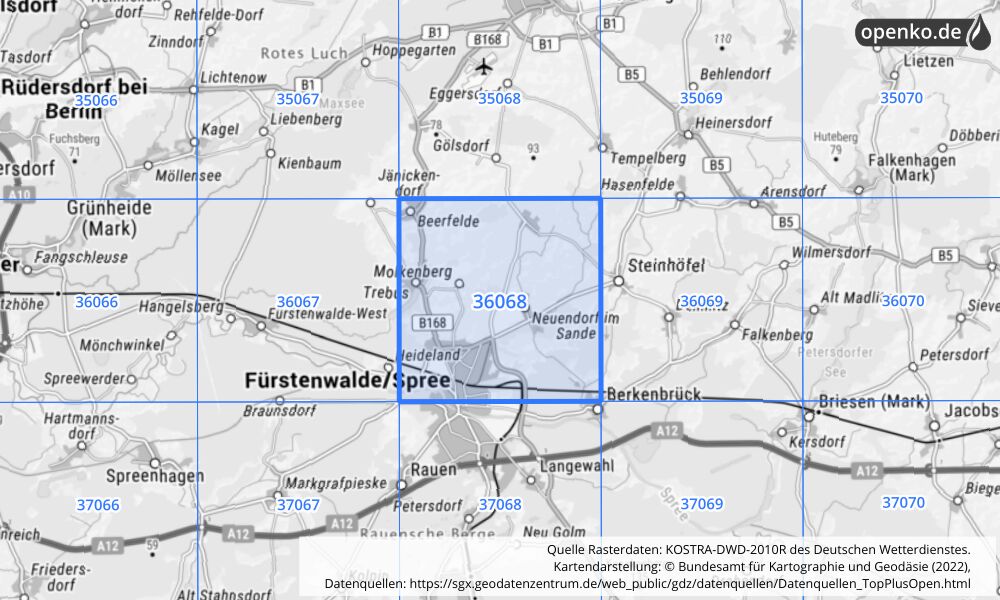 Übersichtskarte KOSTRA-DWD-2010R Rasterfeld Nr. 36068 mit angrenzenden Feldern