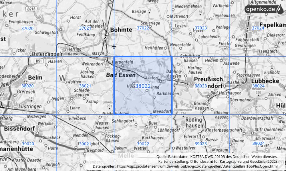 Übersichtskarte KOSTRA-DWD-2010R Rasterfeld Nr. 38022 mit angrenzenden Feldern