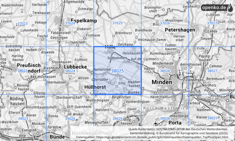 Übersichtskarte KOSTRA-DWD-2010R Rasterfeld Nr. 38025 mit angrenzenden Feldern