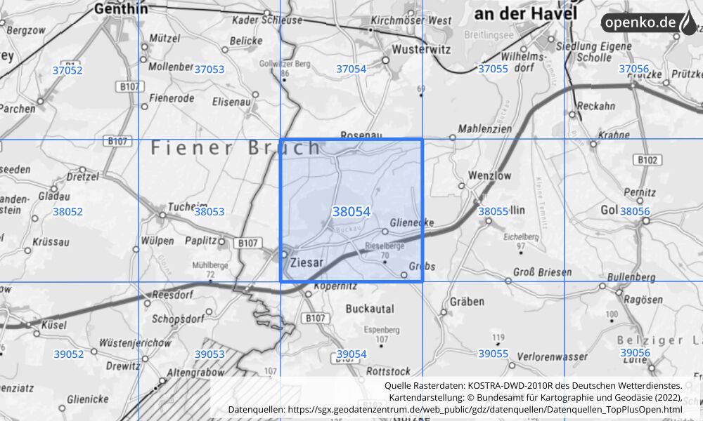 Übersichtskarte KOSTRA-DWD-2010R Rasterfeld Nr. 38054 mit angrenzenden Feldern