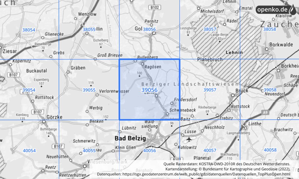 Übersichtskarte KOSTRA-DWD-2010R Rasterfeld Nr. 39056 mit angrenzenden Feldern