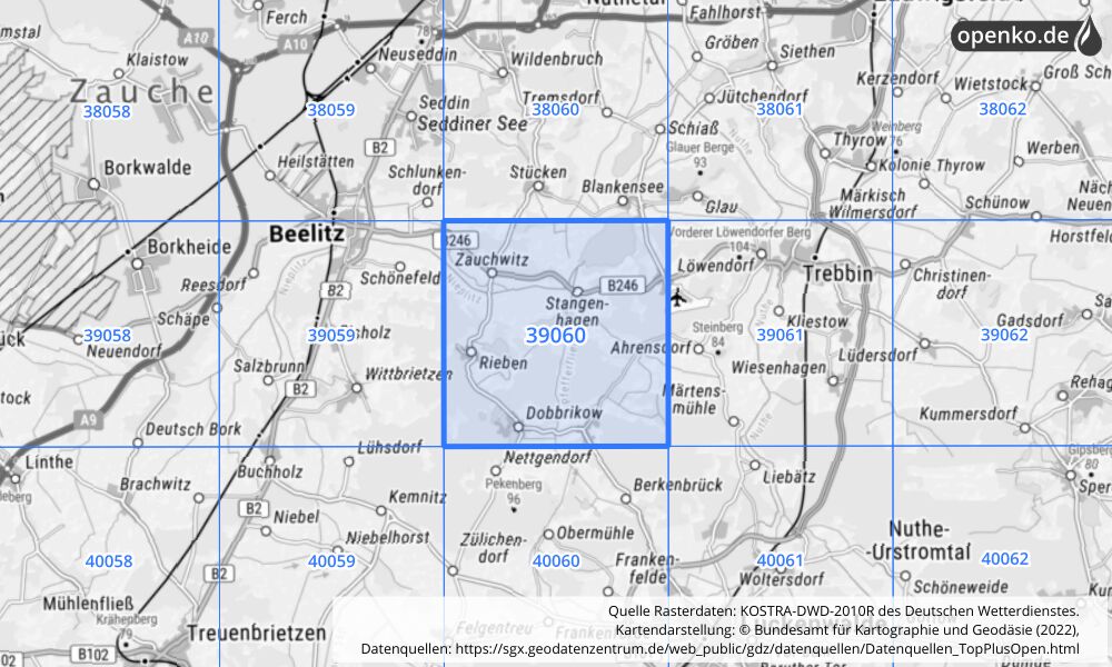 Übersichtskarte KOSTRA-DWD-2010R Rasterfeld Nr. 39060 mit angrenzenden Feldern