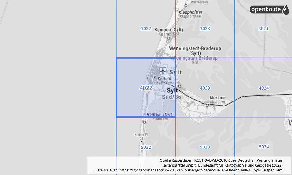 Übersichtskarte KOSTRA-DWD-2010R Rasterfeld Nr. 4022 mit angrenzenden Feldern