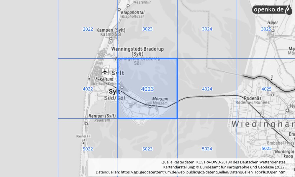 Übersichtskarte KOSTRA-DWD-2010R Rasterfeld Nr. 4023 mit angrenzenden Feldern