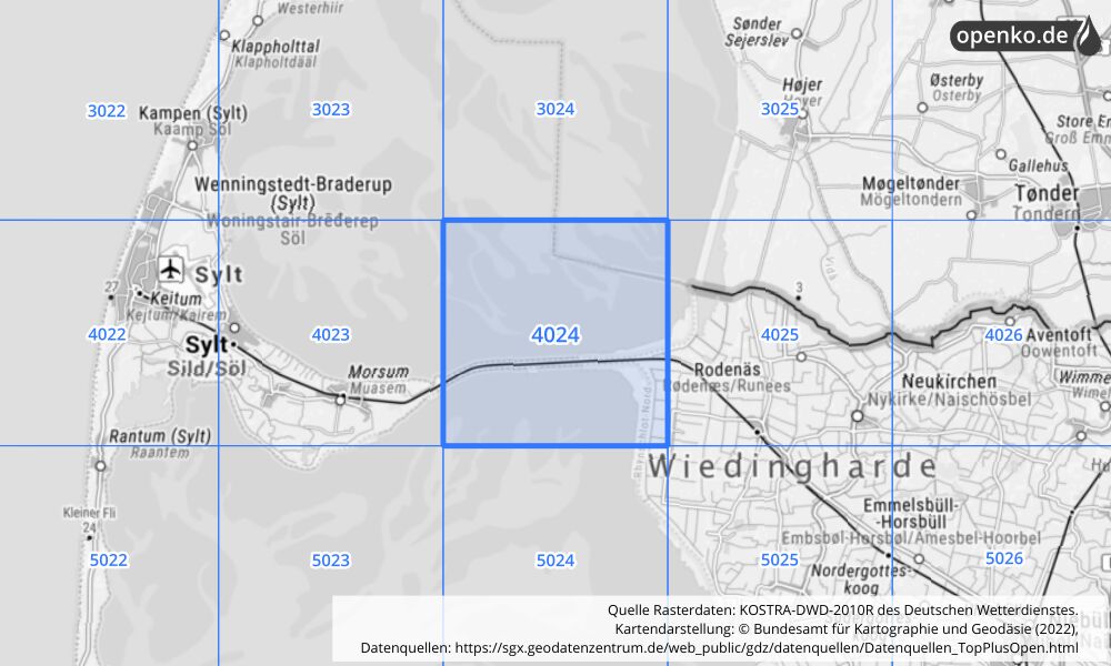 Übersichtskarte KOSTRA-DWD-2010R Rasterfeld Nr. 4024 mit angrenzenden Feldern