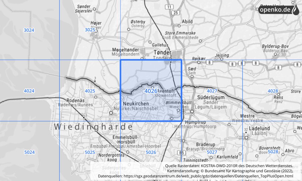 Übersichtskarte KOSTRA-DWD-2010R Rasterfeld Nr. 4026 mit angrenzenden Feldern